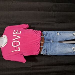 Pink Love Graphic T-Shirt and Distressed Jeans